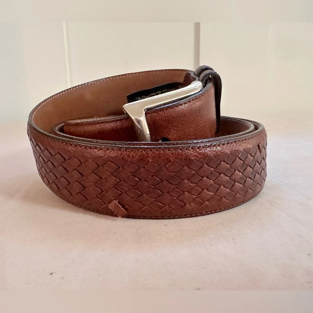 MEZLAN Woven Leather Belt Brown Silver Buckle Spain Size 38 Quiet Luxury